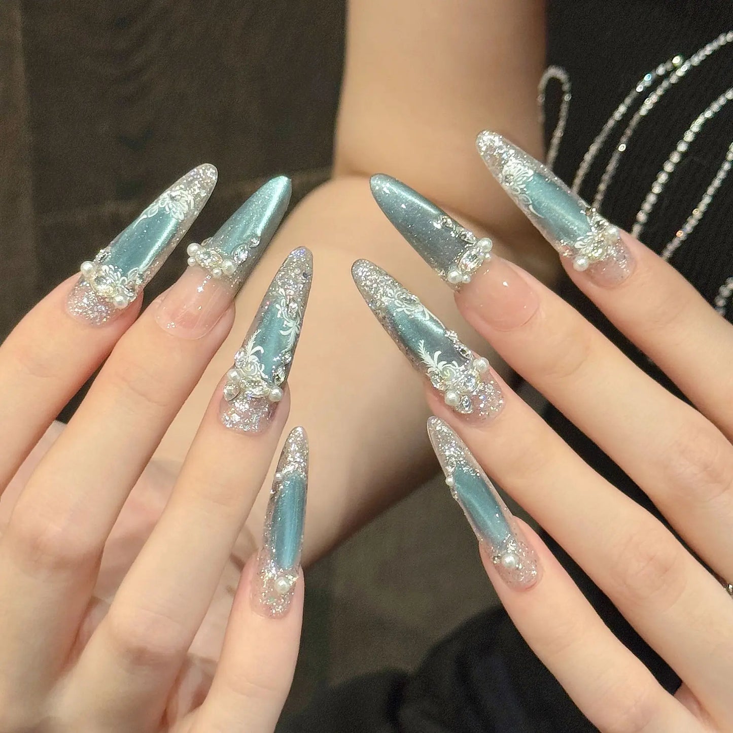Ice Blue Cat Eye Press On Nails | Pearl Glitter False Nail Tips