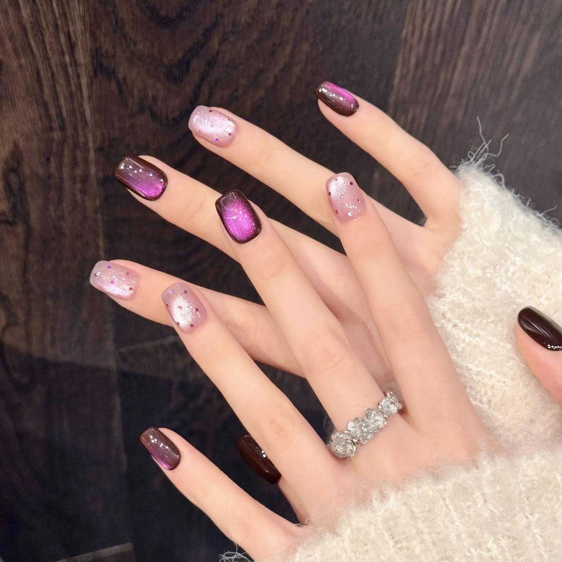 10pcs Handmade Elegant Purple Cat's Eye False Nails Press On Nails Light Luxury Ballet Fake Nails Wave Dot Designs Manicure Art Peaceful Pleasures Health and Wellness
