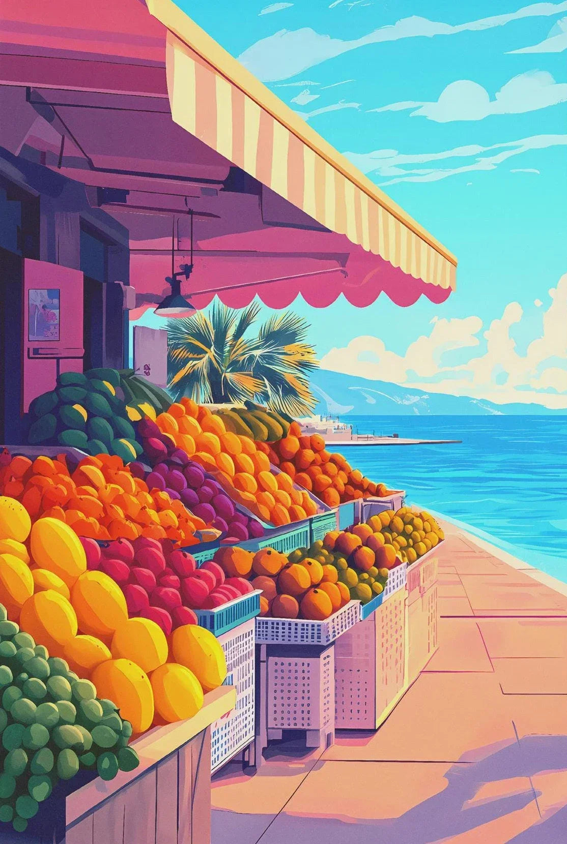 Tropical Beach Canvas Wall Art – Coastal Cartoon Poster Unframed