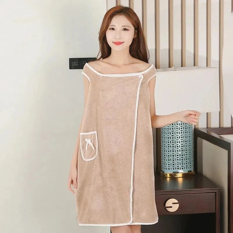 Women's Coral Velvet Wearable Bath Towel Wrap | Shower Skirt Wearable Bath Wrap Peaceful Pleasures Health and Wellness Khaki pocket Other