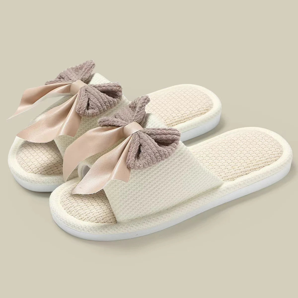 Women's Linen Bowknot Flat Slippers – Soft Lightweight Indoor Slides