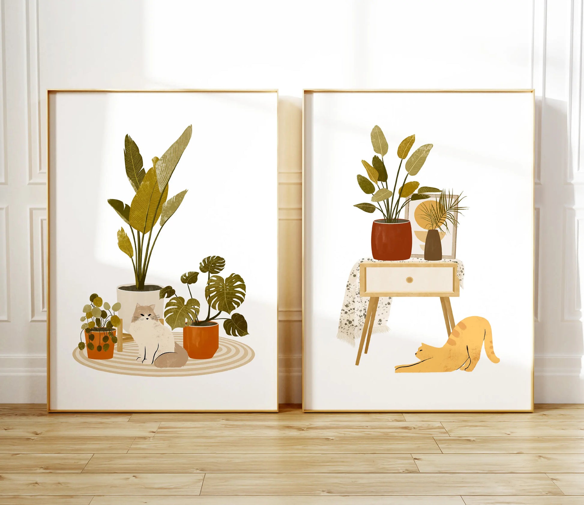 Watercolor Kittens Print Cat and Plant Poster Wall Art Leisurely Cute Kitty Canvas Painting Living Room Bedroom Home Decor Peaceful Pleasures Health and Wellness