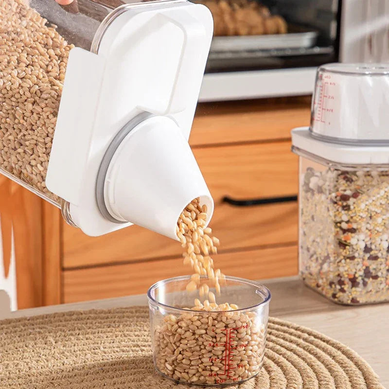 Airtight Transparent Rice & Grain Storage Bucket with Measuring Cup | Insect-Proof, Moisture-Proof, 1–2L