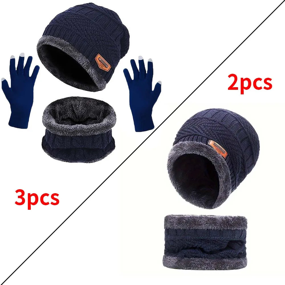 1Set Warm & Soft Winter Fleece-lined Knitted Hat, Scarves And Touch Screen Gloves 3-Piece Set ,Perfect Ear & Neck Warmer Peaceful Pleasures Health and Wellness Navy Blue 2 piece set