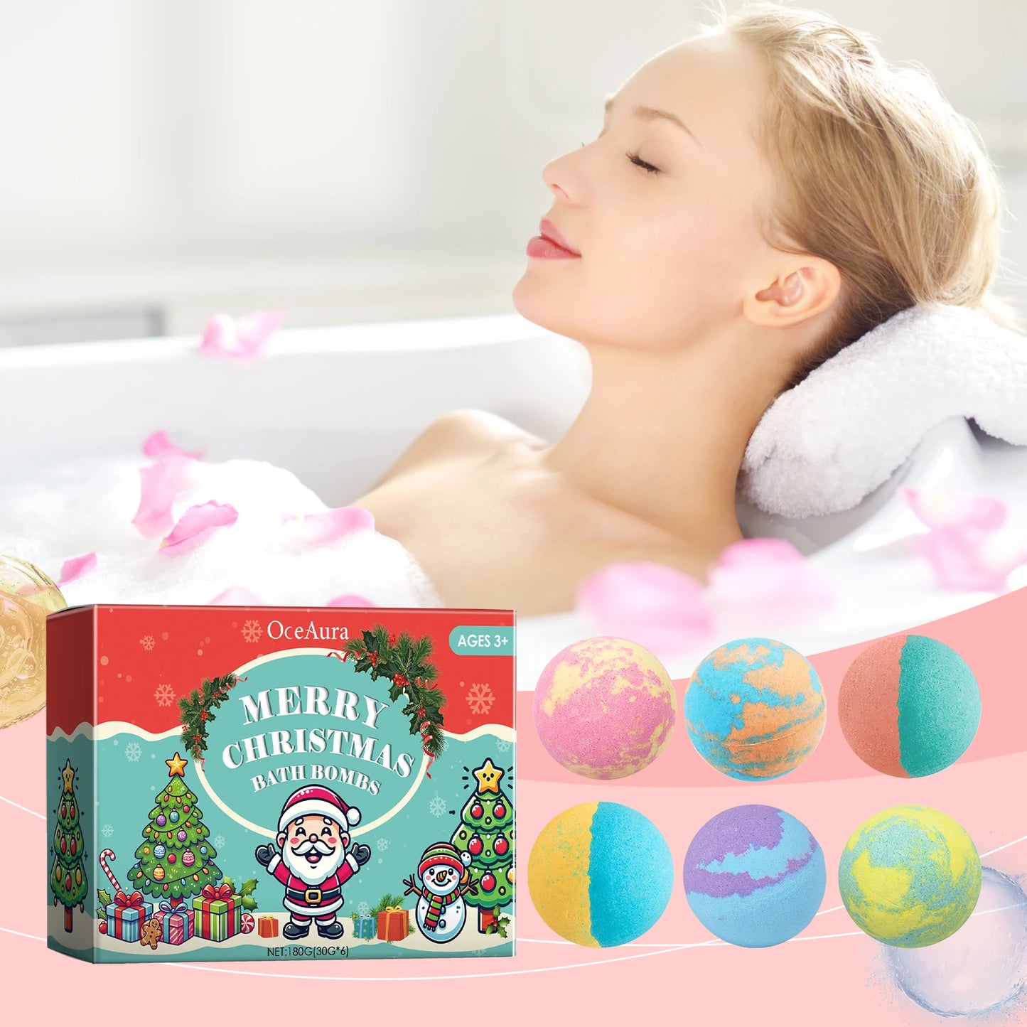 OceAura Christmas Bath Bombs 6-Pack | Plant-Based & Moisturizing