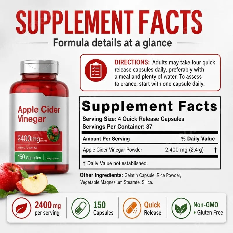 Apple Cider Vinegar Capsules 2400mg Per Serving Daily Wellness Support Non GMO Gluten Free 150 Capsules Peaceful Pleasures Health and Wellness