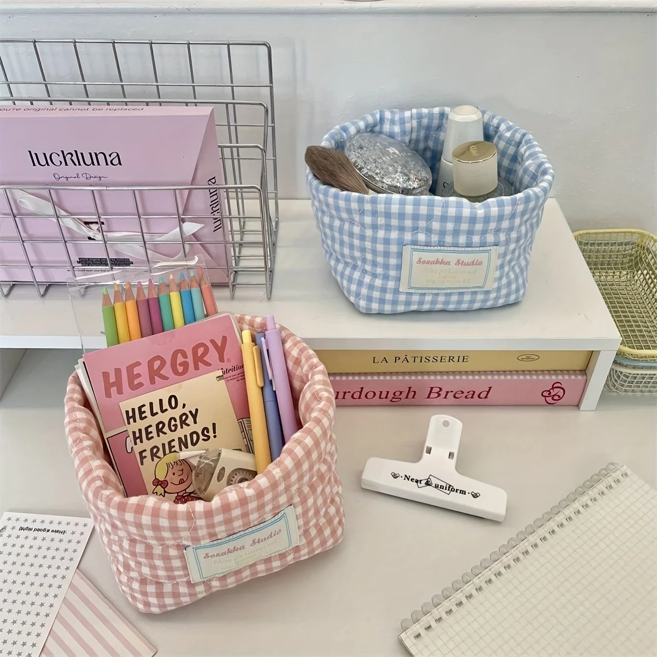 Foldable Checkered Heart Storage Basket | Quilted Organizer