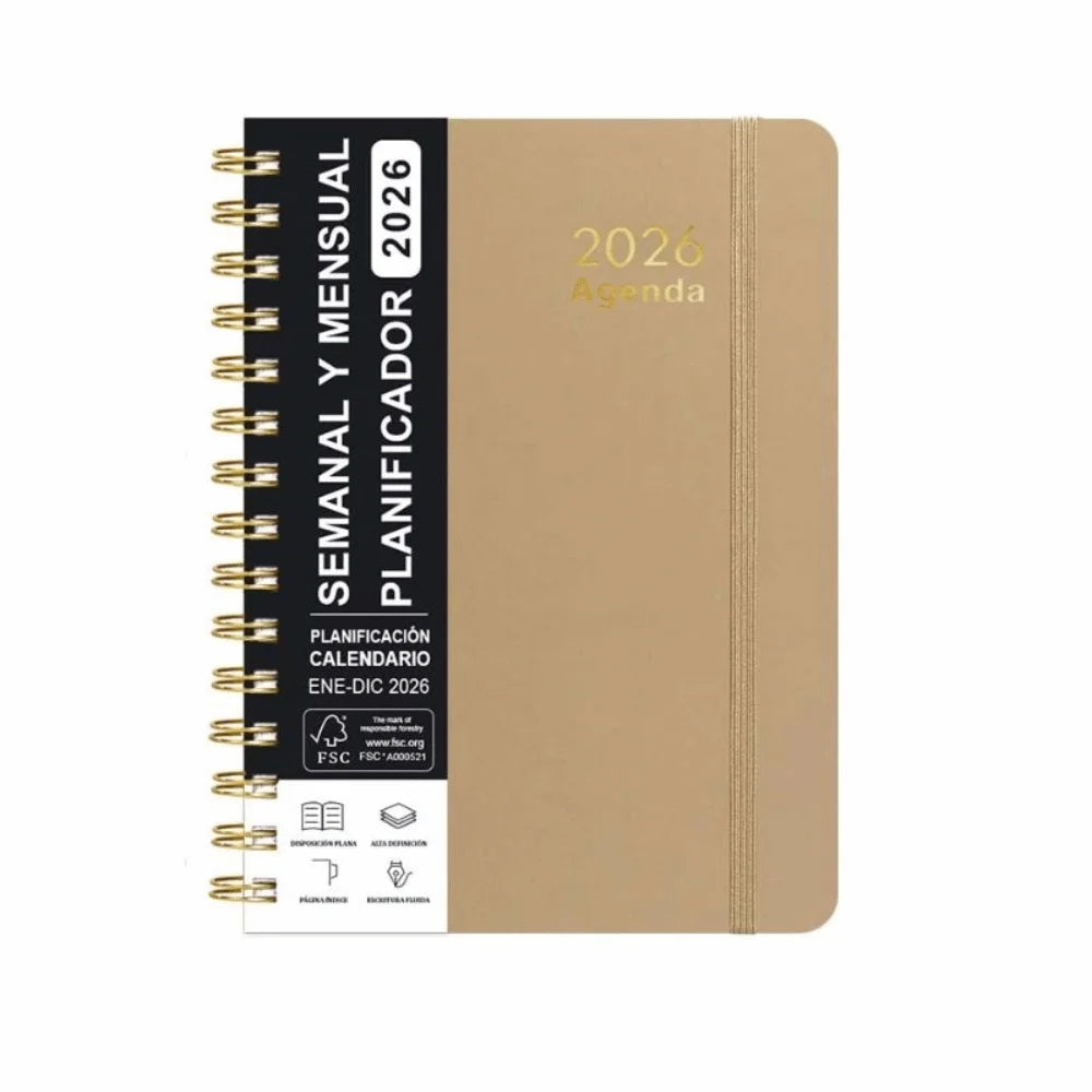 2026 Spanish Planner a5 Notebook Essential Daily Organizer Self-Tracking Diary Book Convenient Coil Calendar Peaceful Pleasures Health and Wellness Brown