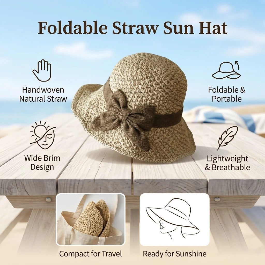 Women Summer Straw Sun Hat Wide Brim Foldable UV-Protection for Outdoor Activities Peaceful Pleasures Health and Wellness
