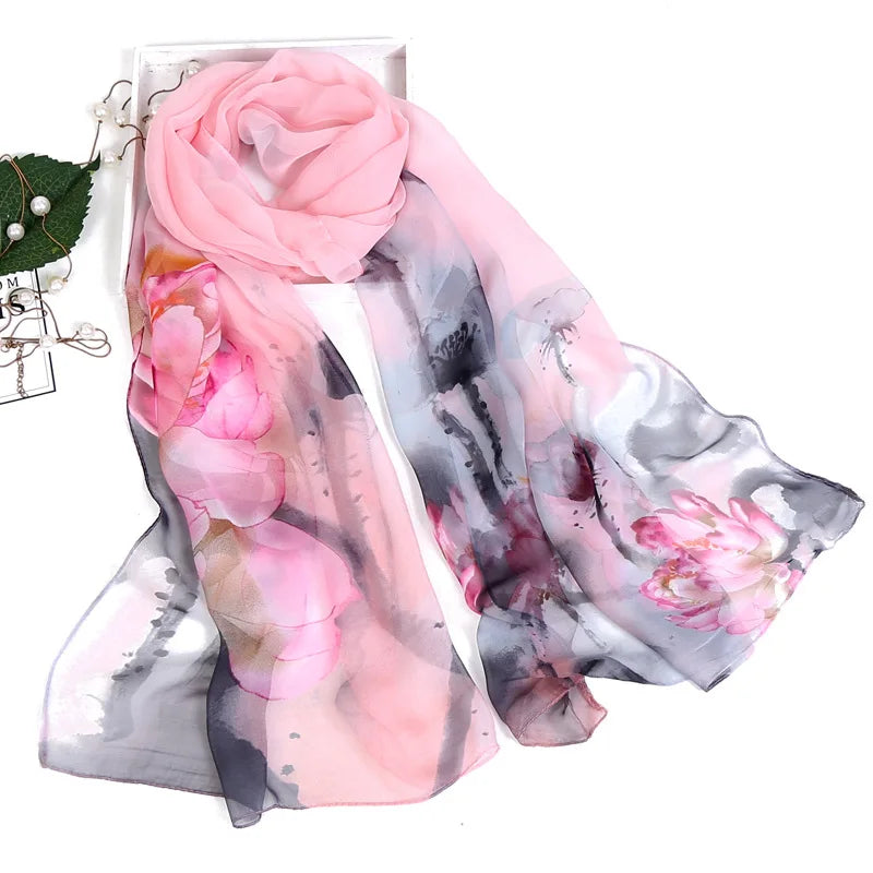 Women's Ink Lotus Chiffon Scarf – Lightweight Floral Print