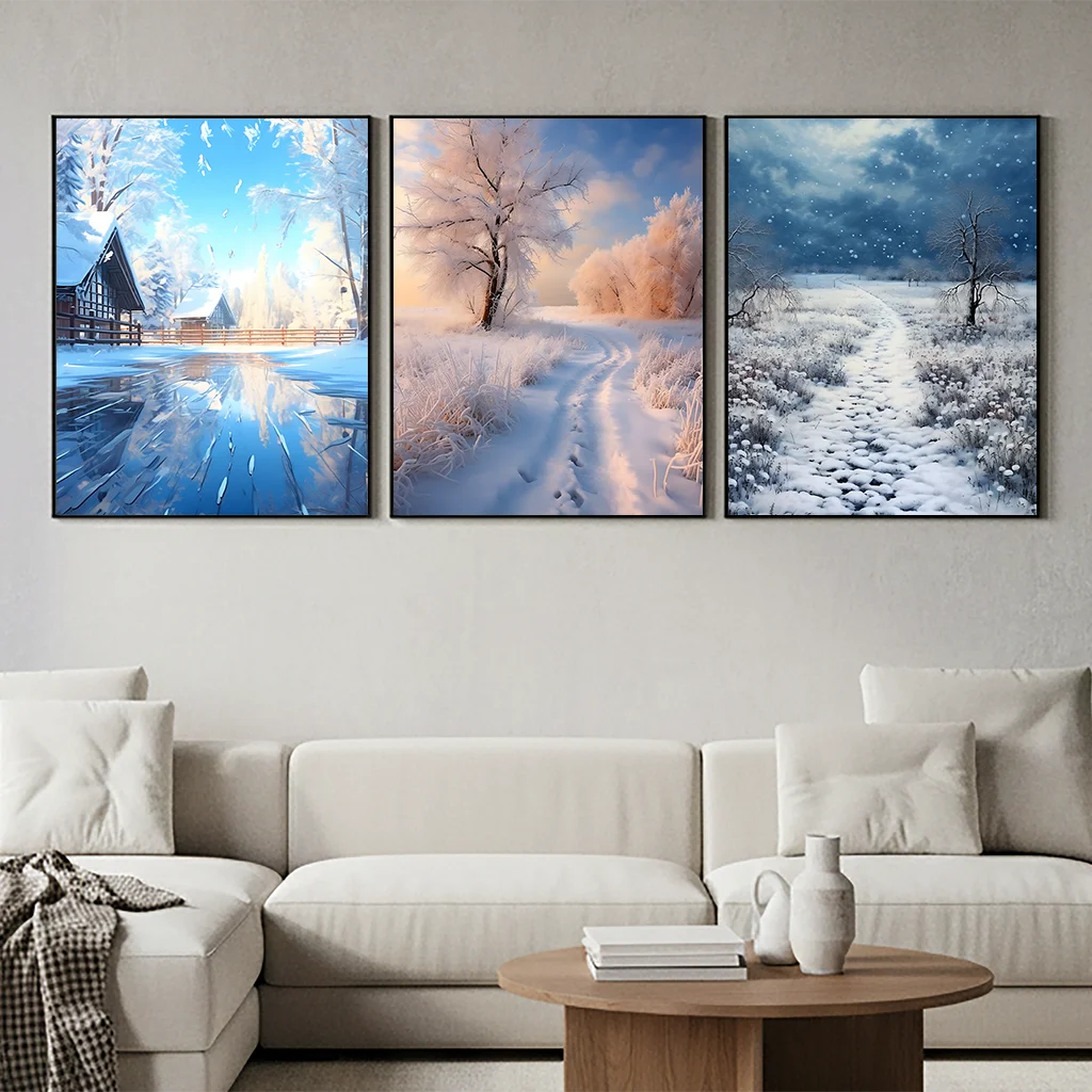 Winter Landscape Wall Art, Snowy Forest Plant Canvas Painting, Nordic Cozy Season Poster Print for Bedroom Living Room Decor Peaceful Pleasures Health and Wellness