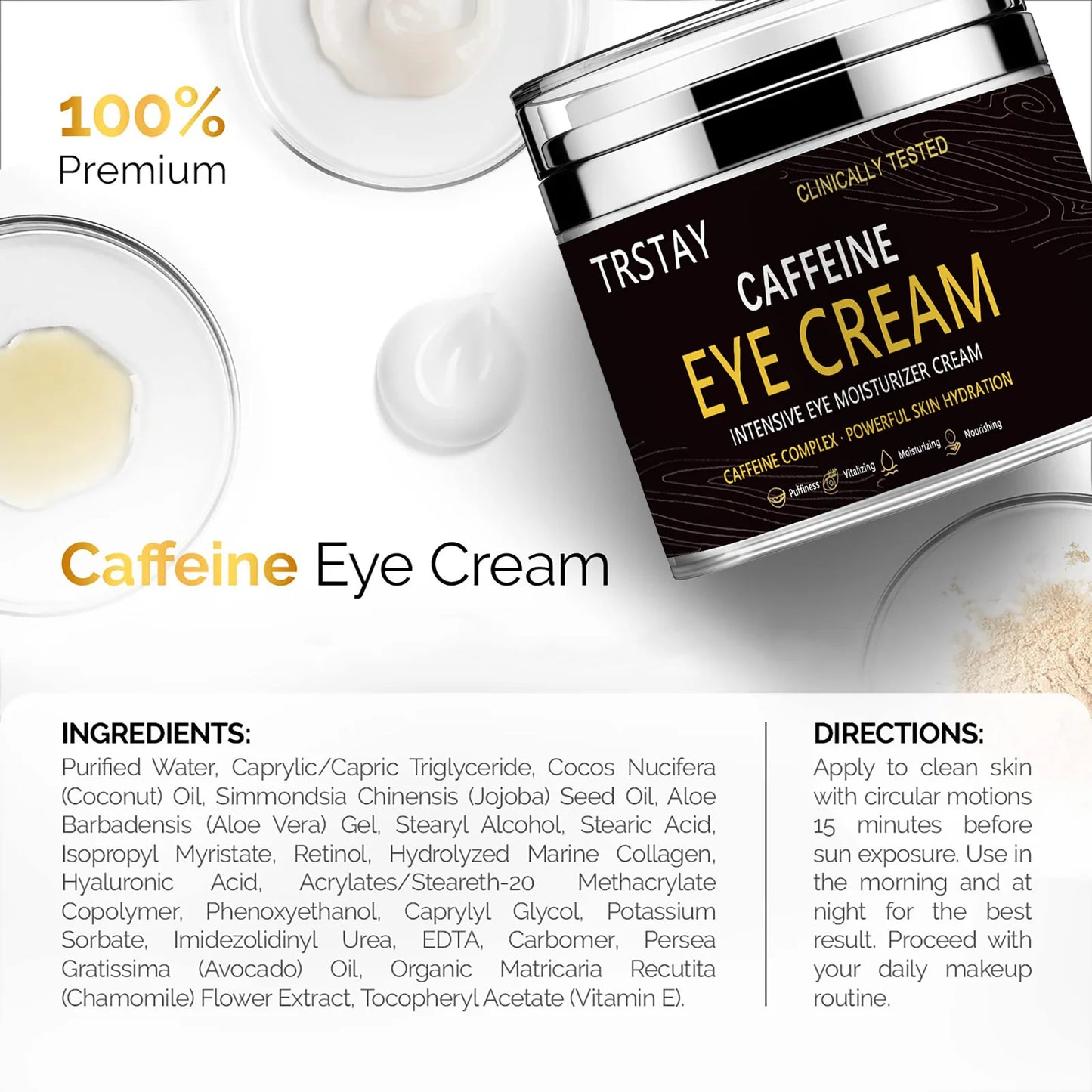 Caffeine Eye Cream For Anti Aging, Dark Circles, Bags, Puffiness. Great Under Eye Skin + Face Tightening, Eye Lift Treatment For Peaceful Pleasures Health and Wellness