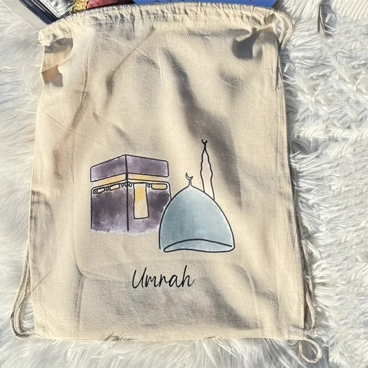 Umrah Mubarak Kaaba Drawstring Backpack | Hajj & Eid Gift Bag Islamic Gift Bag Peaceful Pleasures Health and Wellness Drawstring Backpack 34x43cm