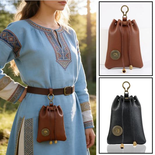 Medieval Faux Leather Retro Waist Bag Hangable Drawstring Outdoor Peaceful Pleasures Health and Wellness