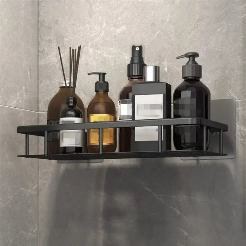 No-Drill Aluminum Wall Shelf – Bathroom & Kitchen Organizer Wall Mounted Shelf Peaceful Pleasures Health and Wellness A- Black Standard