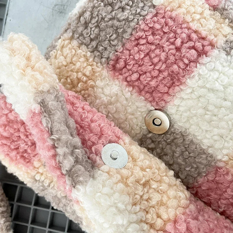 Lambskin Checkered Single-shoulder Bag Women Small Crossbody Bag Casual Cute Messenger Bags Girls Zipper Purse Lamb Like Tote Peaceful Pleasures Health and Wellness