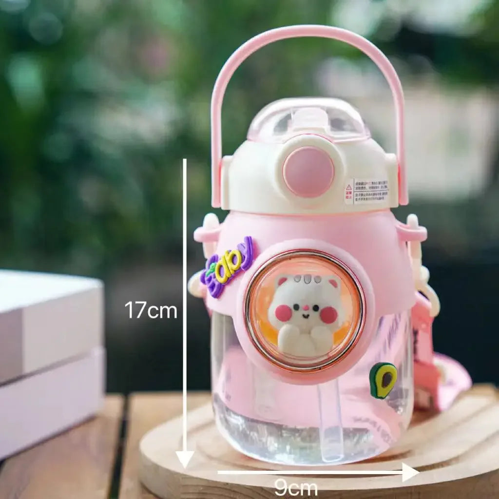 Cute Kids Water Bottles Plastic Sippy Cup with Strap Rope Portable Leakage-proof Cartoon Water Cups Drinkware Cartoon Student Peaceful Pleasures Health and Wellness pink 820ml