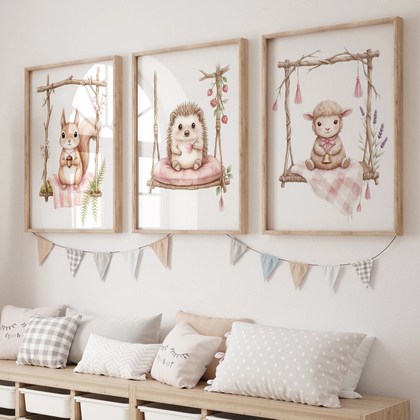 Cartoon Animals Pink Swing Watercolor Canvas Wall Art Kids Room