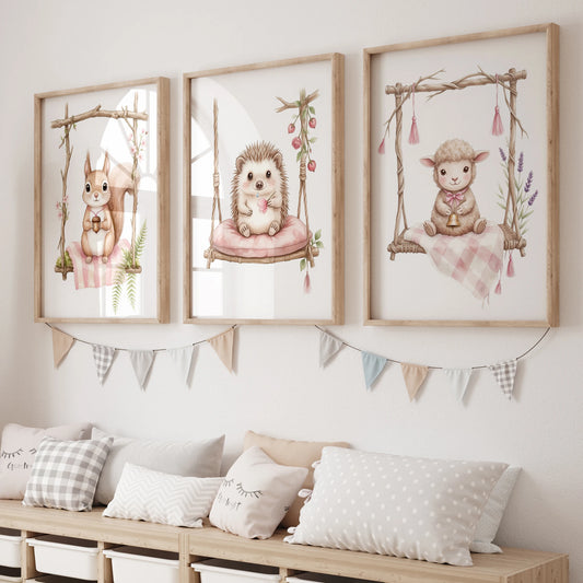 Cartoon Animals Pink Swing Watercolor Canvas Wall Art Kids Room Canvas Wall Art Peaceful Pleasures Health and Wellness