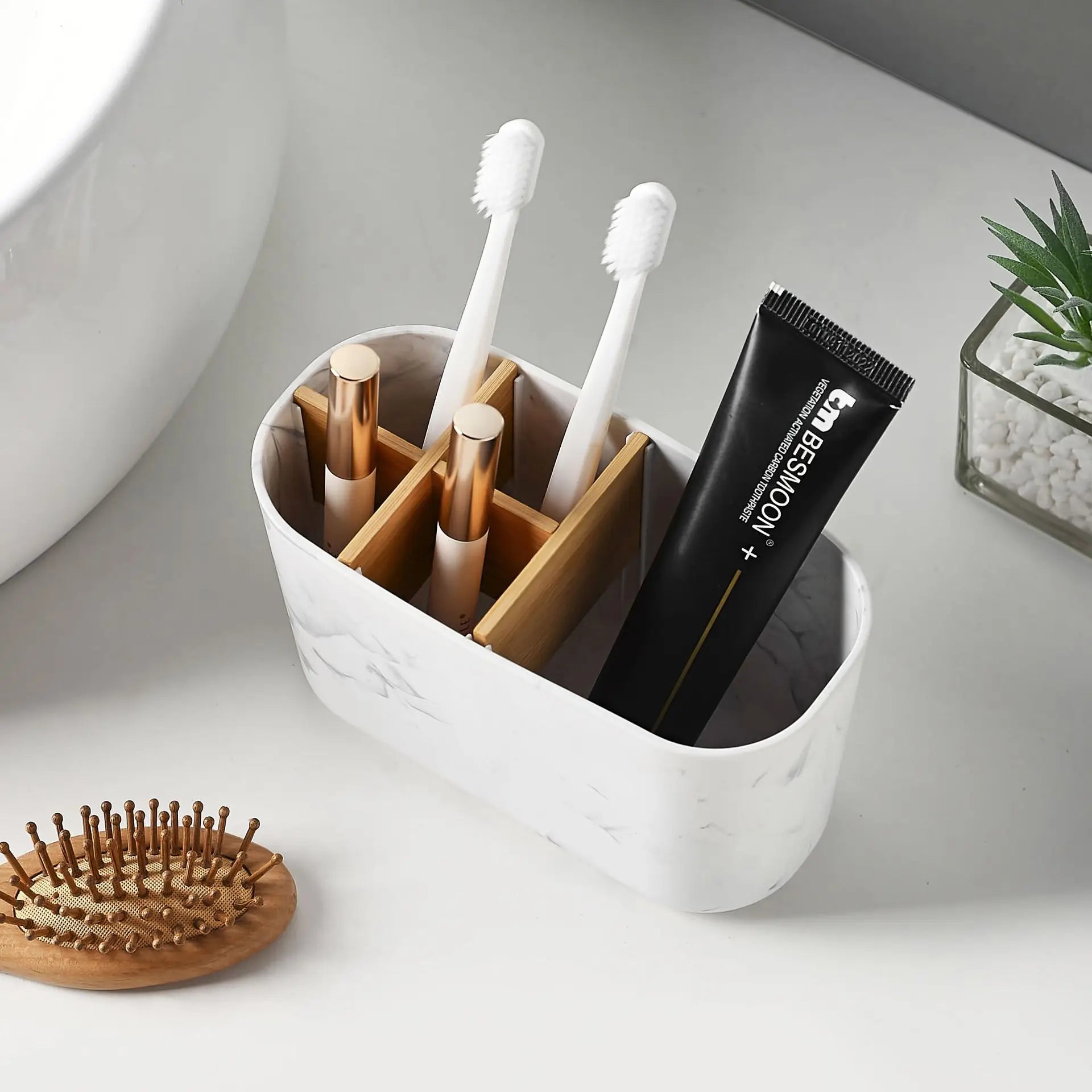 Bamboo Toothbrush Holder for Electric Toothbrushes - 5 Slot Bathroom Counter Organizer with Toothpaste Compartment Peaceful Pleasures Health and Wellness
