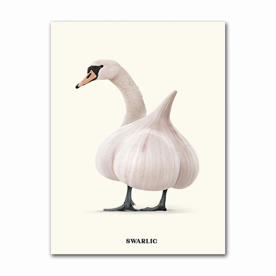 Funny Fruit Animal Poster, Kitchen Canvas Painting, Garlic, Goose,Cauliflower, Sheep Wall Picture, Living Room Decor Peaceful Pleasures Health and Wellness T60436-03 30x40cm Unframed