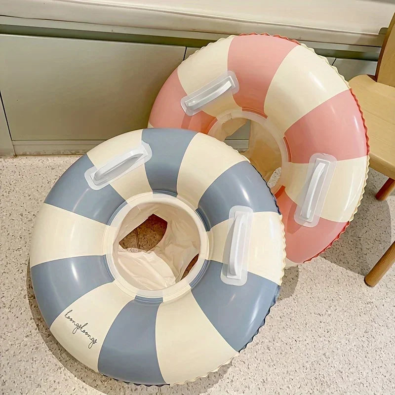 Kids' Vintage Striped Swim Ring with Handles – Blue & Pink