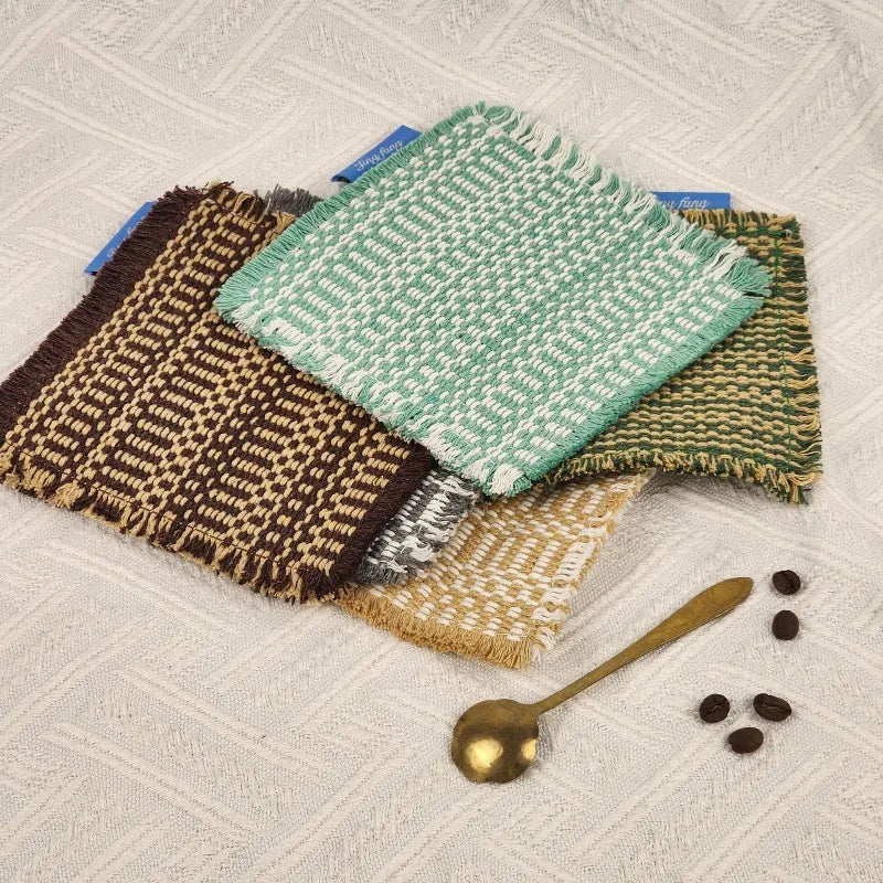 Vintage-inspired, tassel-trimmed woven coasters. checkered square fabric trivets, perfect for coffee, tea, and more Peaceful Pleasures Health and Wellness
