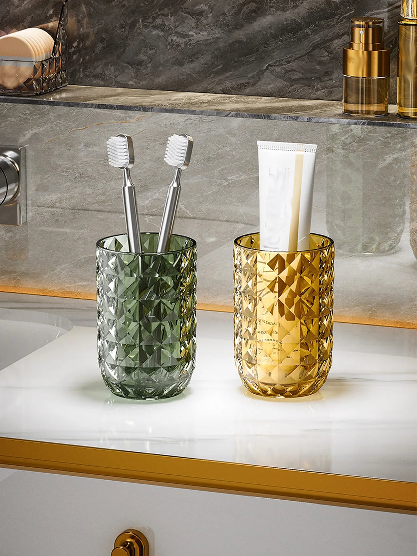 1Pcs Bathroom Cup Toothbrush Holder Stylish Geometric Design Mouthwash cup Perfect for Couples Easy to Clean & Enhances Decor Peaceful Pleasures Health and Wellness