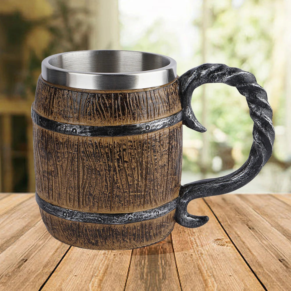Wooden Barrel Beer Mug | Retro Double-Wall Resin & Steel
