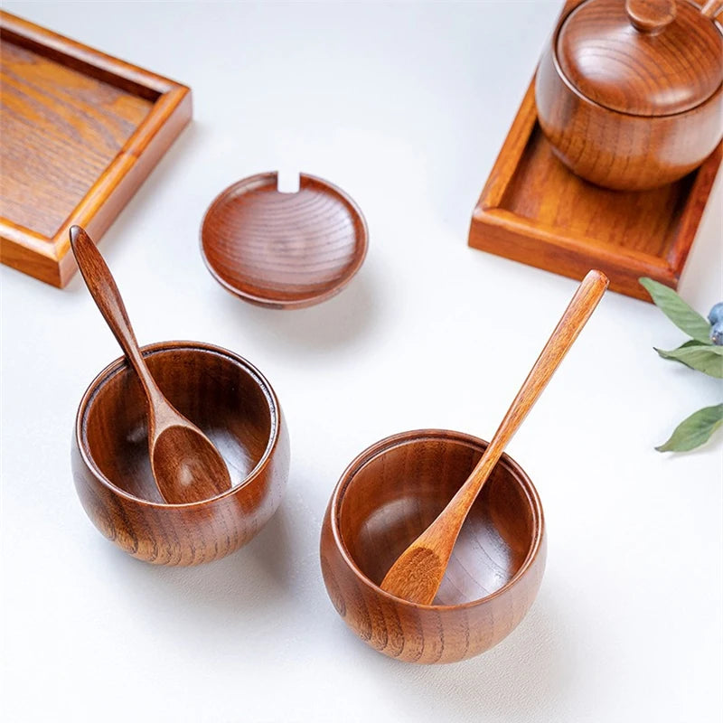 Wooden Seasoning Jar Creative Kitchen Retro Salt Sugar Pot Seasoning Storage Jar With Lid Spoon Wooden Tray Storage Containers Peaceful Pleasures Health and Wellness