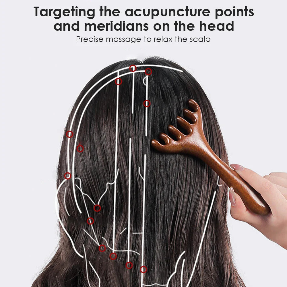 Sandalwood 6-Claw Head Massage Comb & Gua Sha Tool