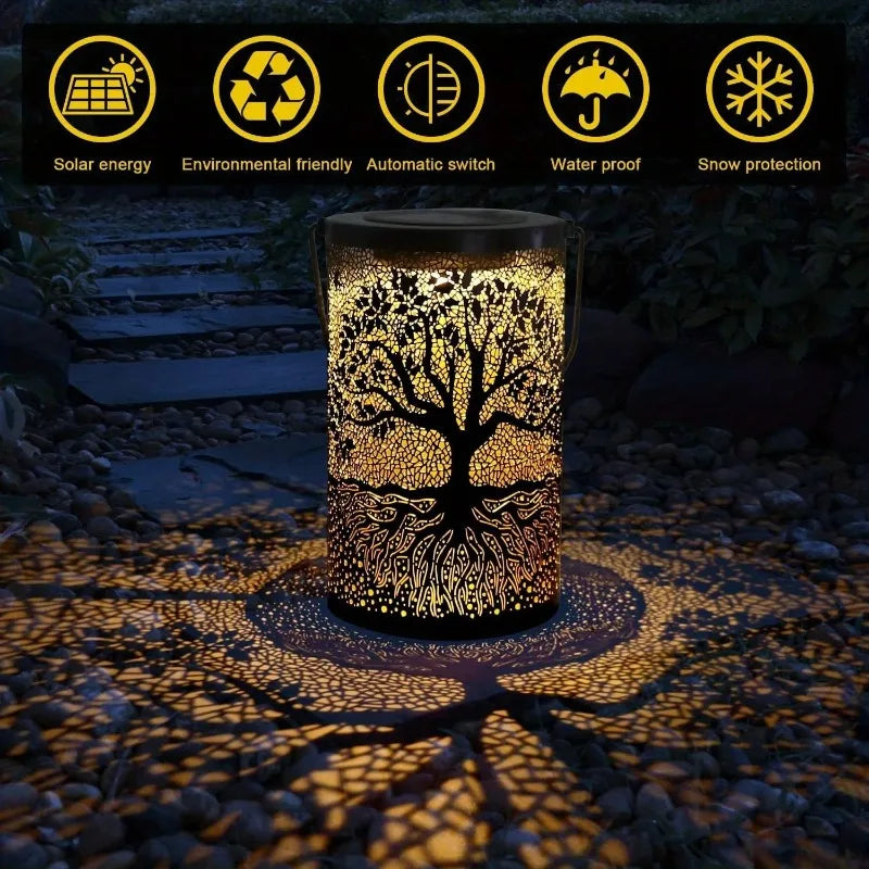 Hanging Solar Lantern Outdoor – Vintage Metal LED Tree Projection