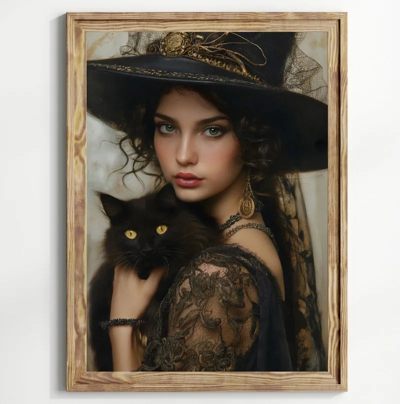Halloween Witch Black Cat Pumpkin Full Moon Canvas Wall Art