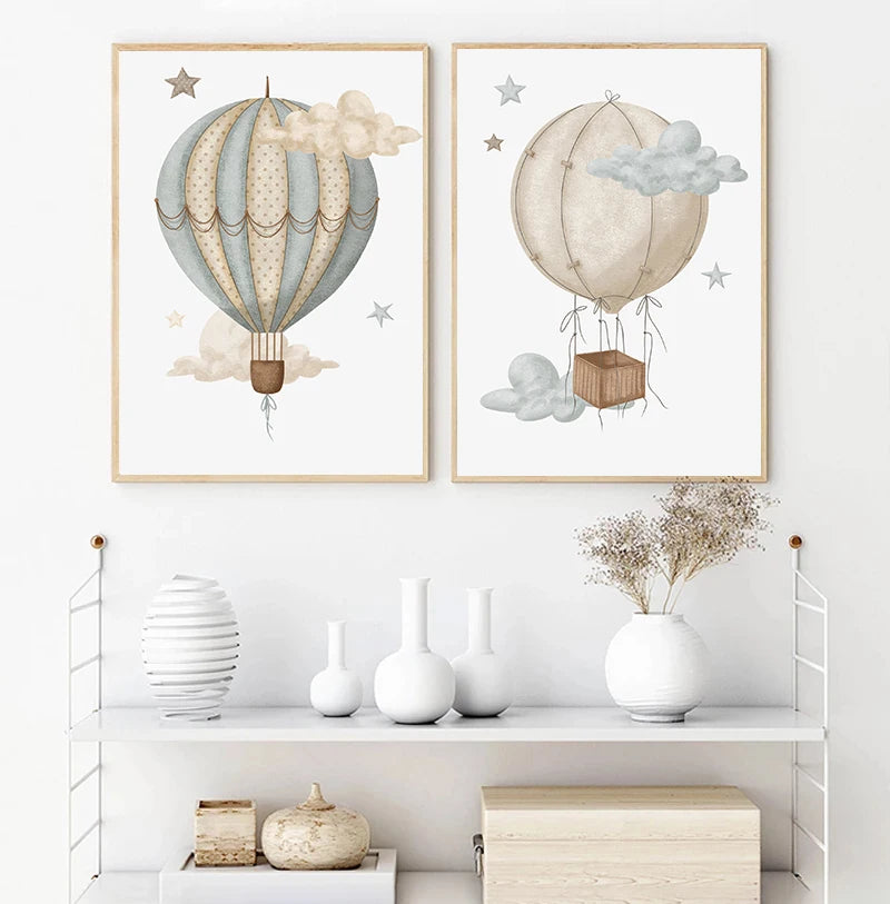 Kids Nursery Watercolor Canvas Wall Art | Monkey Lion Balloon Print