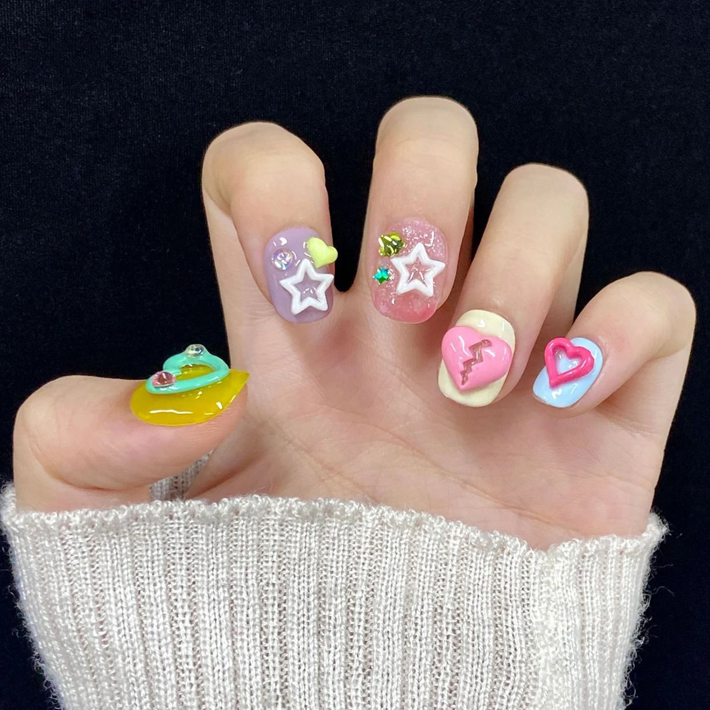 Handmade Press on Nails Cute Short 3D Colorful Heart Design False Nails Patches Ins Summer Wearable Fake Nails for Girl Wearable Peaceful Pleasures Health and Wellness