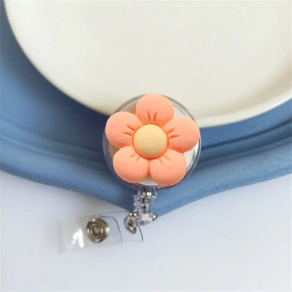 Retractable Nurse Badge Reel Cartoon Flora Chest Card Flower Badge Holder ID Card Work Card Easy Pull Buckle Peaceful Pleasures Health and Wellness Orange