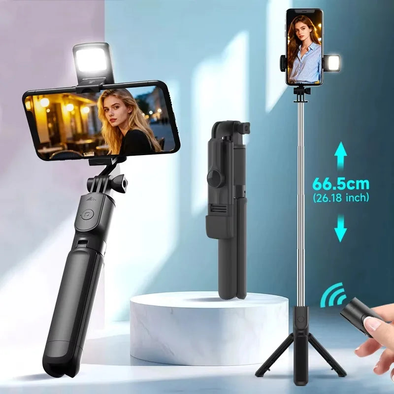 Wireless Selfie Stick Foldable Tripod Stand With Bluetooth Remote Extendable Tripod With LED Light For Cell Phone Live Streaming Peaceful Pleasures Health and Wellness