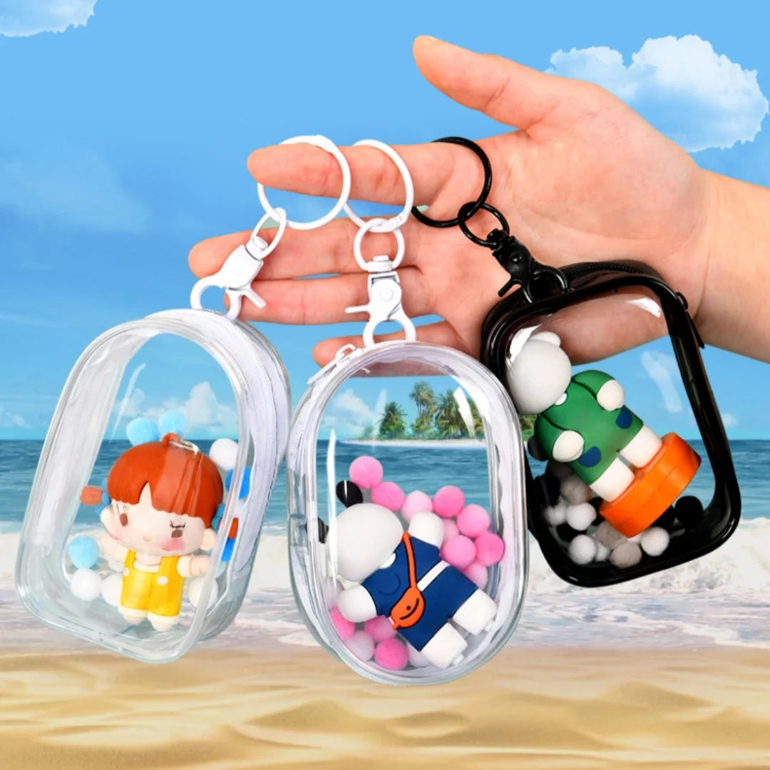Figure Display Bag with Keychain, Clear Pouch Blind Box Display Bag Mystery Box Mini Figures Carrying Case Keychain Charms Peaceful Pleasures Health and Wellness