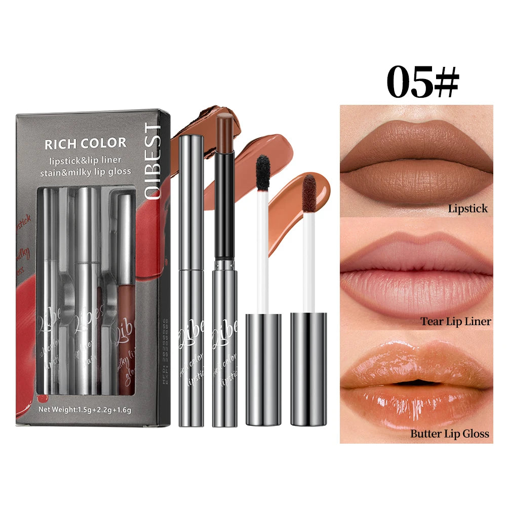 QIBEST New 3pcs Liquid Lipstick + Lip Liner +Lip Glaze Makeup Set Nude Black Velvet Lip Gloss Tint Long Lasting Cosmetics Kits Peaceful Pleasures Health and Wellness SET 05