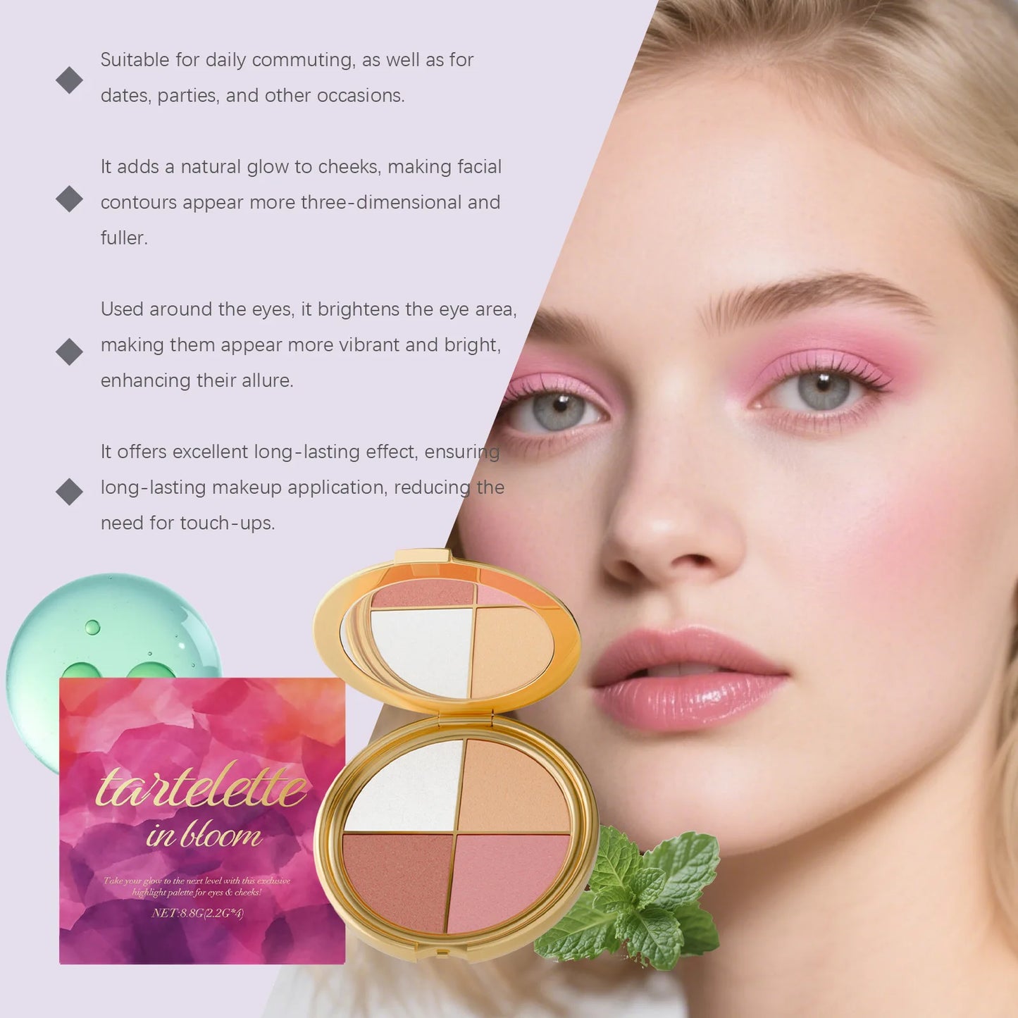 Highlight Powder Blusher Eye Shadow Plate Brighten Eye Area Smoothe Facial Skin Perfect Elegant Natural Look Portable Eye Makeup Peaceful Pleasures Health and Wellness