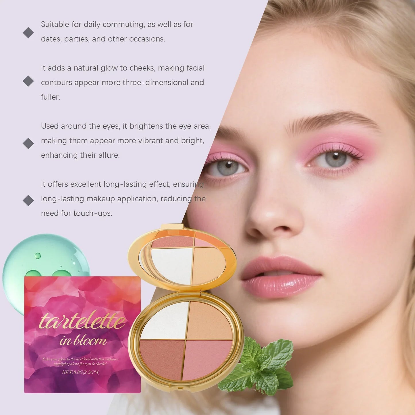 4-Color Highlight Powder Blush & Eyeshadow Palette | Natural Glow
