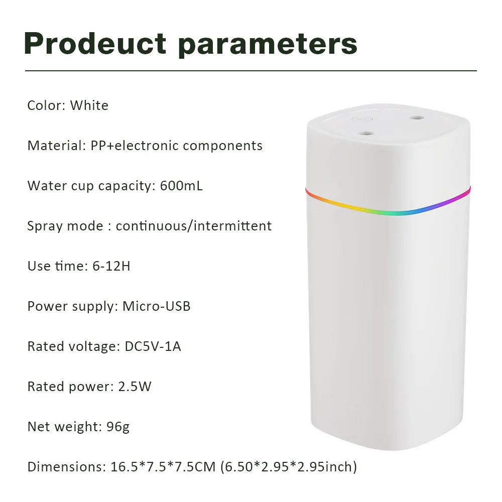 Portable USB Cool Mist Nano Sprayer 600ml Aroma Oil Diffuser for Home Car Electric Air Humidifier Mist Maker Light Aromatherapy Peaceful Pleasures Health and Wellness as picture show