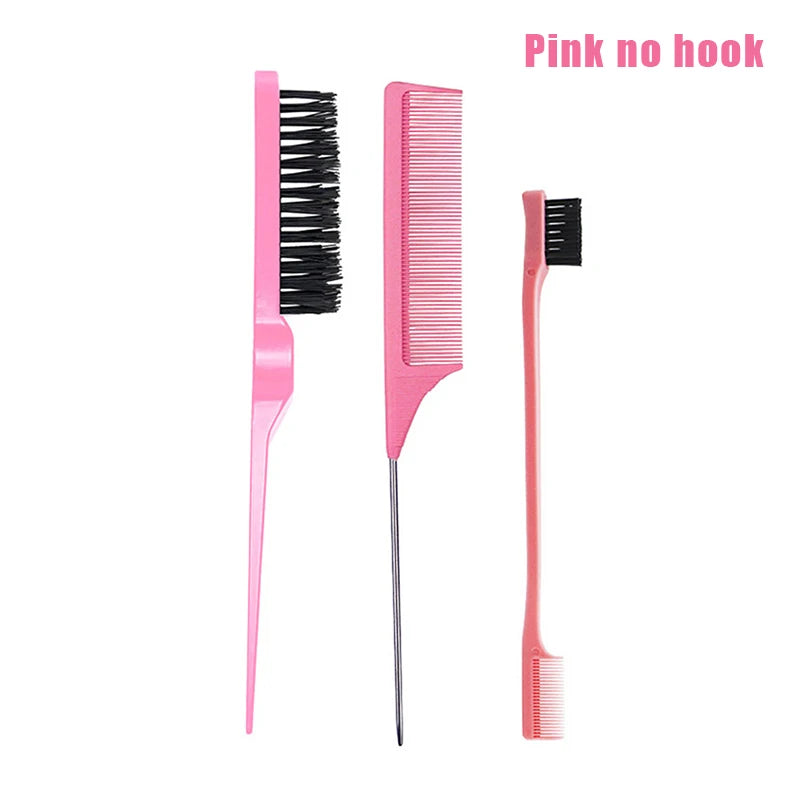 3-Piece Hair Styling Comb & Brush Set – Edge & Rat Tail Comb Hair Comb Brush Set Peaceful Pleasures Health and Wellness no hook Pink