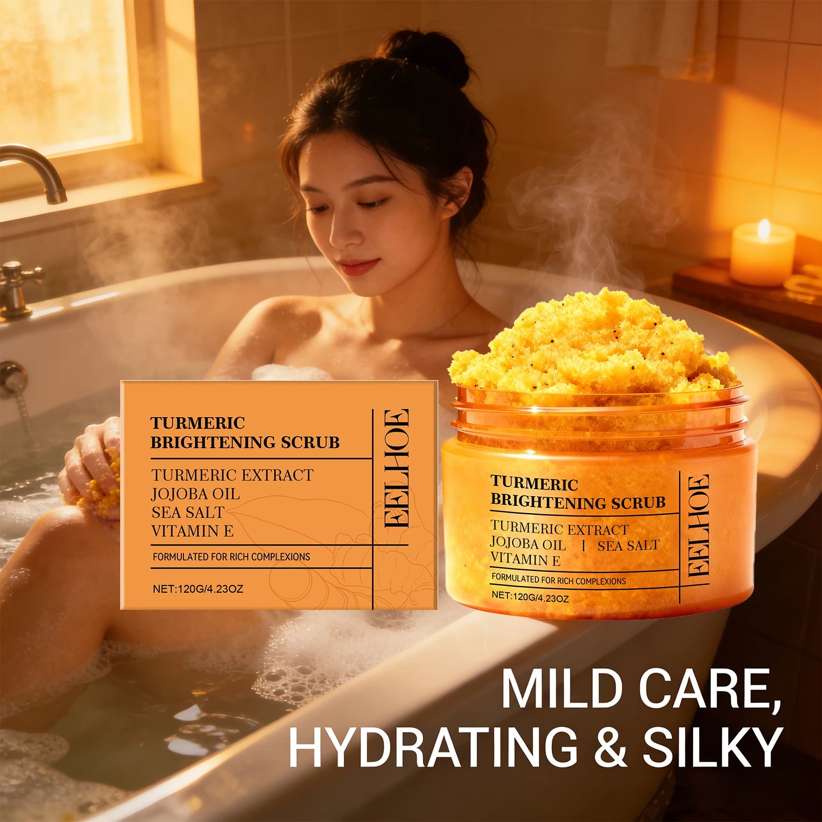 Turmeric Vitamin E Exfoliation scrub Smoothing Brightening Skin Care Reduce Dark Spots refreshed Turmeric Body Scrub Cosmetics Peaceful Pleasures Health and Wellness