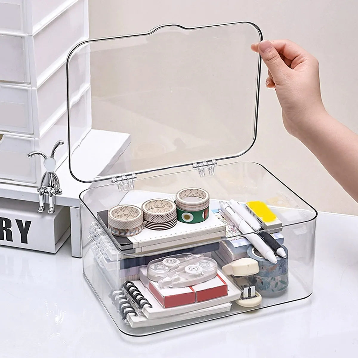 Flip Top Clear Plastic Storage Box | Desktop Organizer