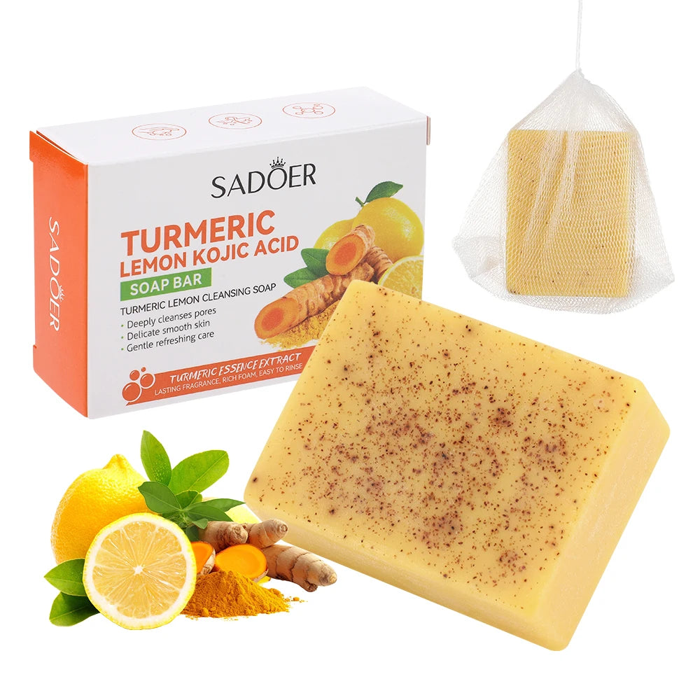1/2pc 100g Kojic Acid Turmeric Lemon Soap Bar Handmade Brightening Soap for Dark Spots Face Body Wash Cleanser with Foaming Net Peaceful Pleasures Health and Wellness