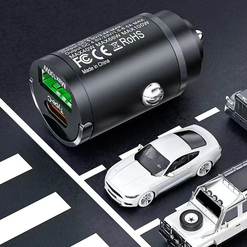 100W Dual Port Mini Car Charger QC3.0 & USB-C PD Fast Charge