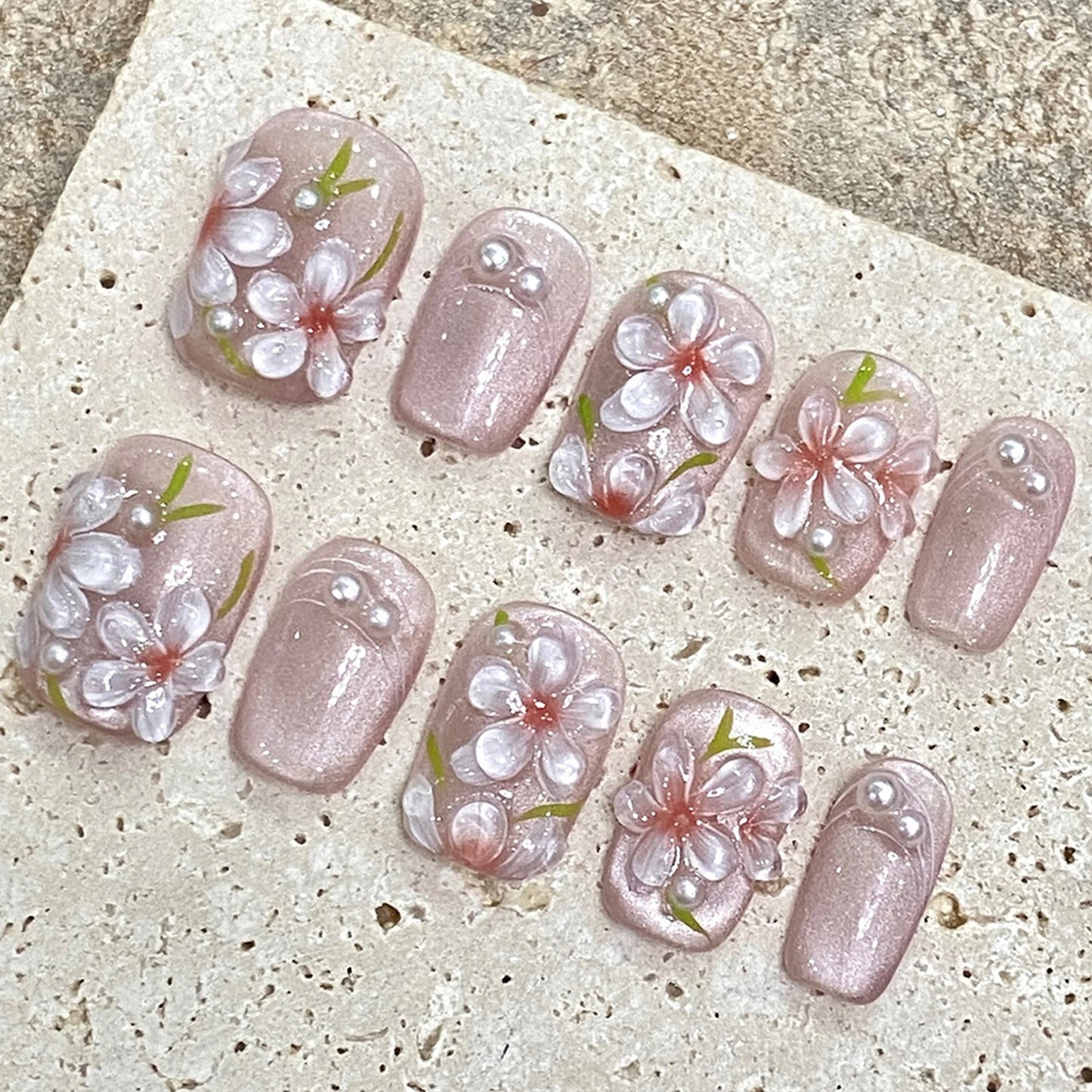 Pink Peach Blossom Press On Nails | Cat Eye Pearl Short Fake Nails