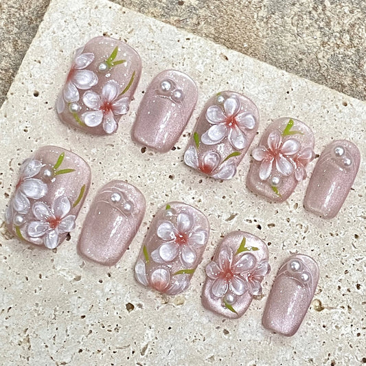 Pink Peach Blossom Press On Nails | Cat Eye Pearl Short Fake Nails Press On Nails Peaceful Pleasures Health and Wellness XS