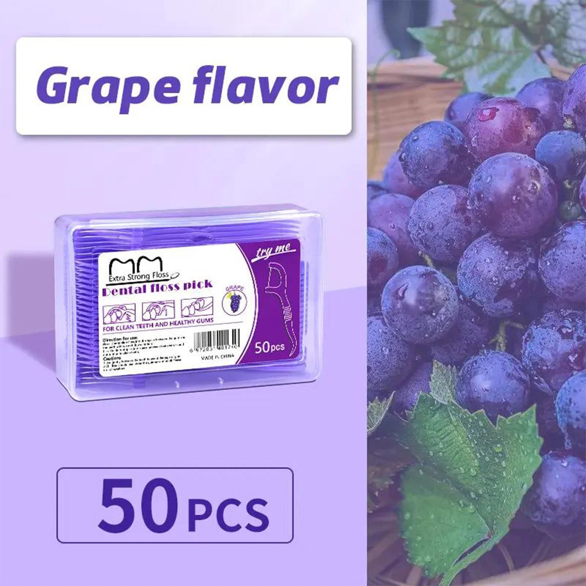 50pcs Floss Fruit Flavor Box Floss Dazzling Colorful Ultra Fine Floss Stick Tick Oral Cleaning Portable Floss Peaceful Pleasures Health and Wellness Grapes